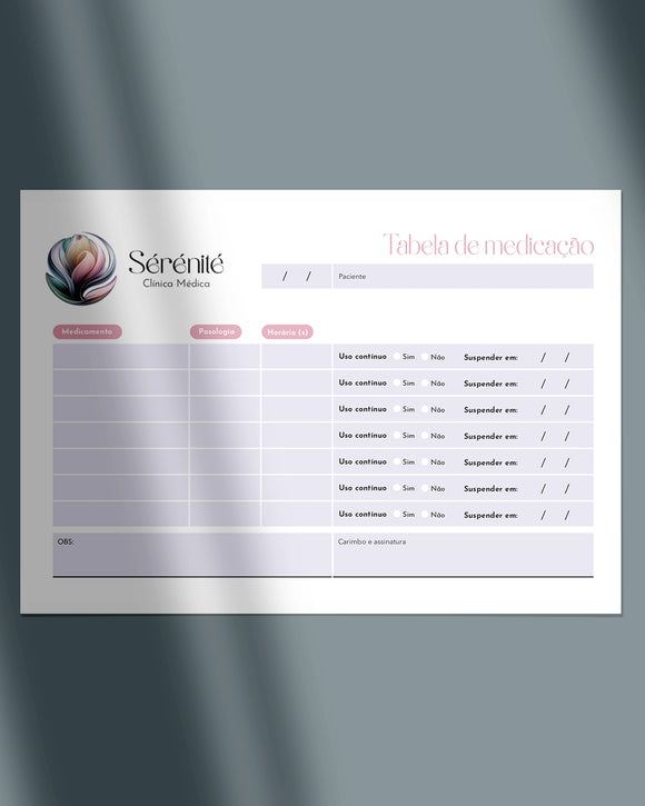 Tabela de medicação para ginecologia e obstetrícia, layout funcional e impressão de alta qualidade para mostrar os horarios do paciente tomar o medicamento.
