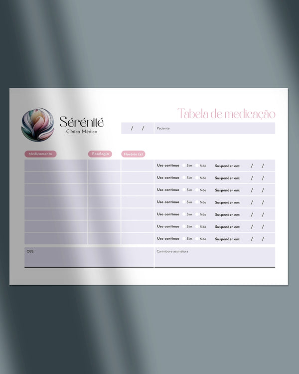 Tabela de medicação para ginecologia e obstetrícia, layout funcional e impressão de alta qualidade para mostrar os horarios do paciente tomar o medicamento.