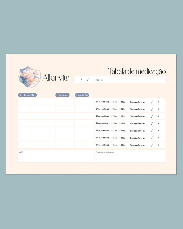 Tabela de medicação para alergologia e imunologia, impressão organizada e de alta qualidade