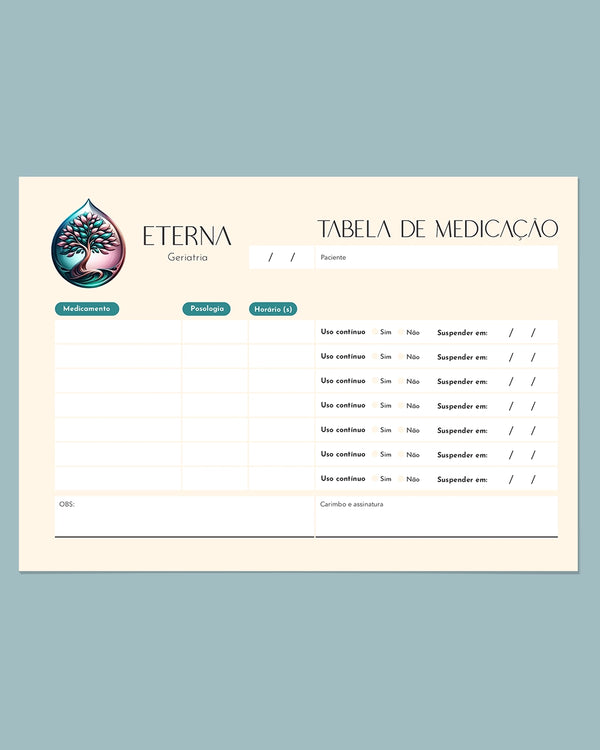 Tabela de medicação geriatria - impressão premium e layout organizado.