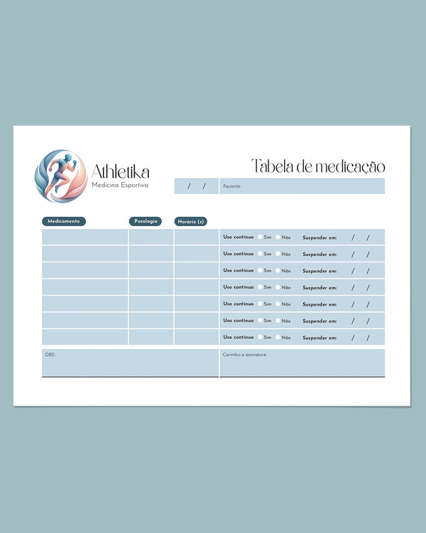 Tabela de medicação medicina esportiva - impressão premium e layout organizado.