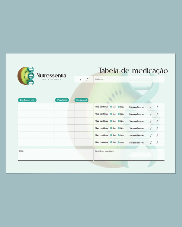 Tabela de medicação para nutrologia com colunas para doses e horários, impressa pela gráfica Med Logos.