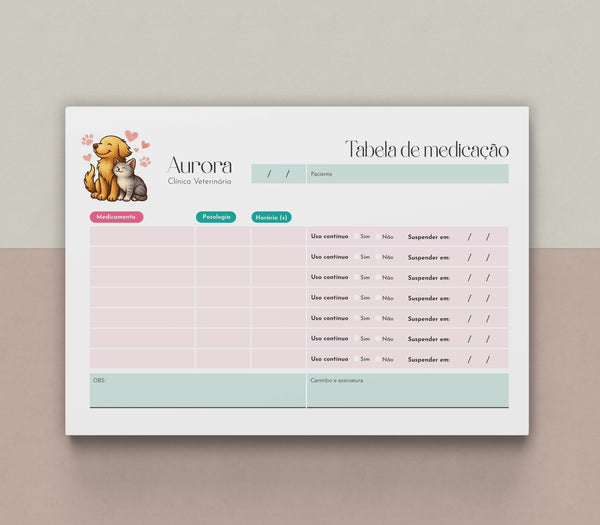 Tabela de controle de medicação para internação veterinária | Planilha de posologia e horários de remédios para animais