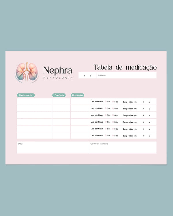 Tabela de medicação para nefrologia, impressão clara e organizada