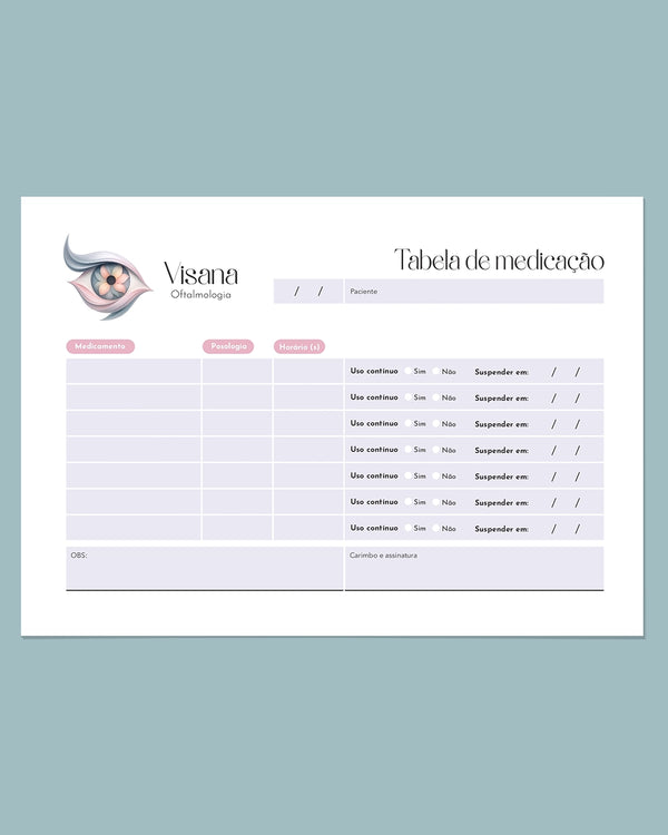 Tabela de medicação oftalmologia - impressão clara e layout organizado.
