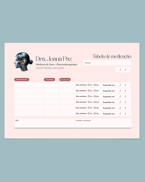 Tabela de medicação para otorrinolaringologia com colunas para doses e horários, impressa pela gráfica Med Logos.