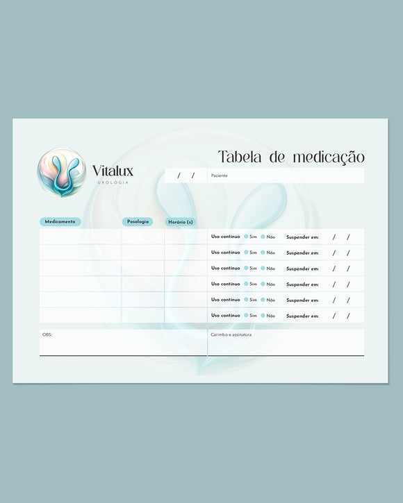 Tabela de medicação para urologia com colunas para doses e horários, impressa pela gráfica Med Logos.