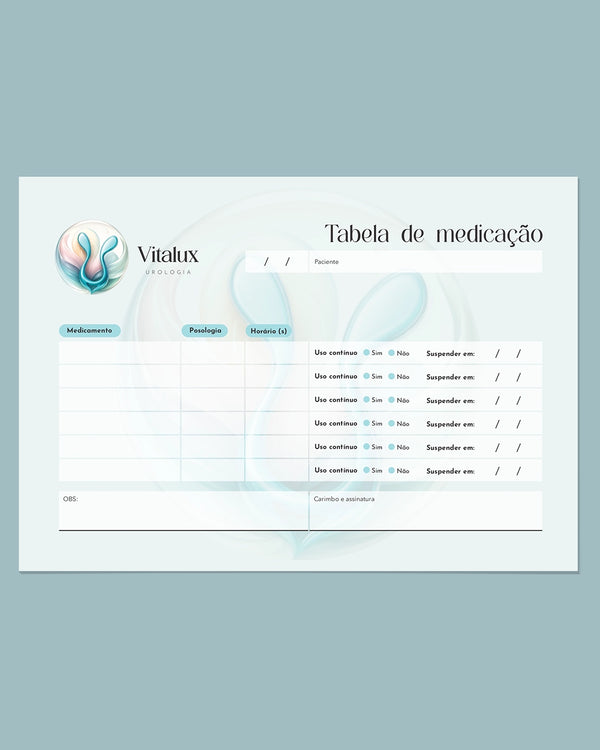 Tabela de medicação para urologia com colunas para doses e horários, impressa pela gráfica Med Logos.