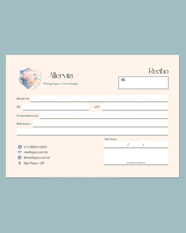 Talão de recibo médico para alergologia e imunologia, impressão profissional e personalizada