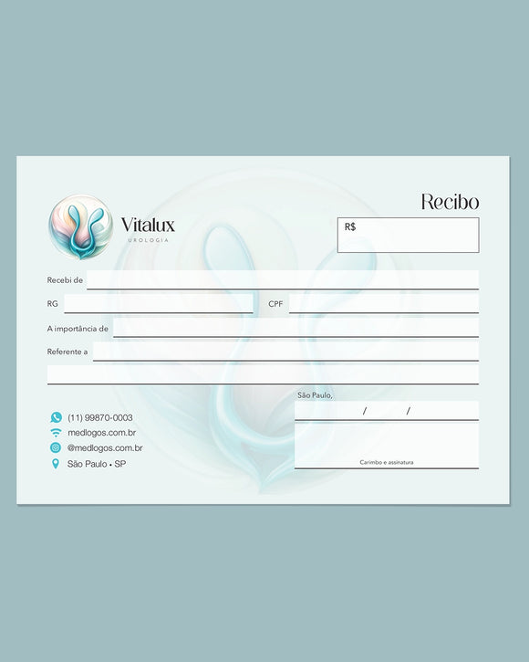 Talão de recibo médico para urologia com campos para valores e serviços, impresso em bloco pela gráfica Med Logos.