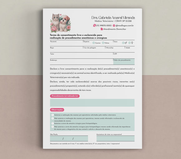 Termo de anestesia e cirurgia veterinária conforme regras do CFMV