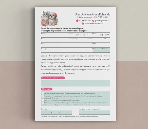 Termo de anestesia e cirurgia veterinária conforme regras do CFMV