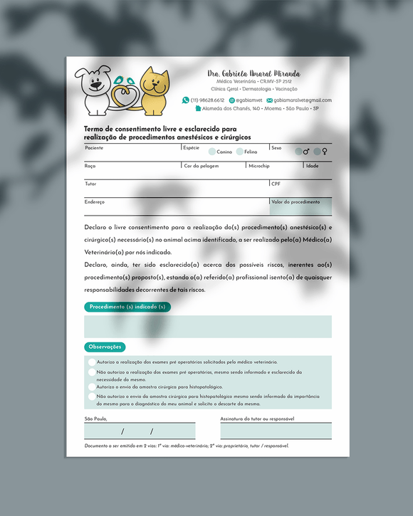 Termo de autorização para anestesia e cirurgia veterinária