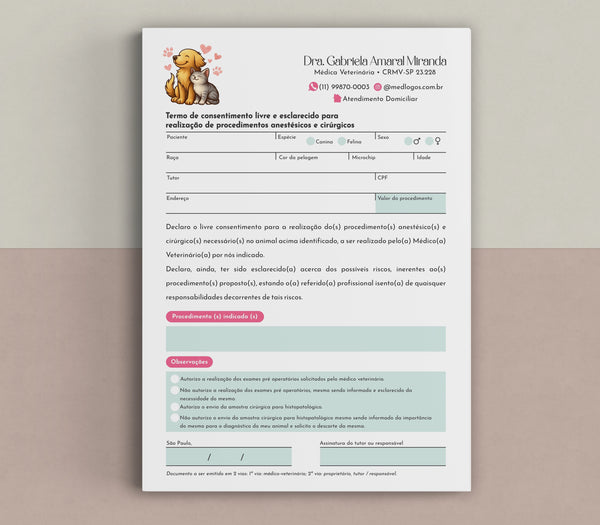Termo de consentimento para procedimentos cirúrgicos e anestésicos veterinários.