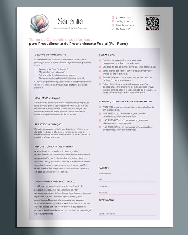 Termo de consentimento para preenchimento facial full face impressão gráfica premium para estética facial avançada