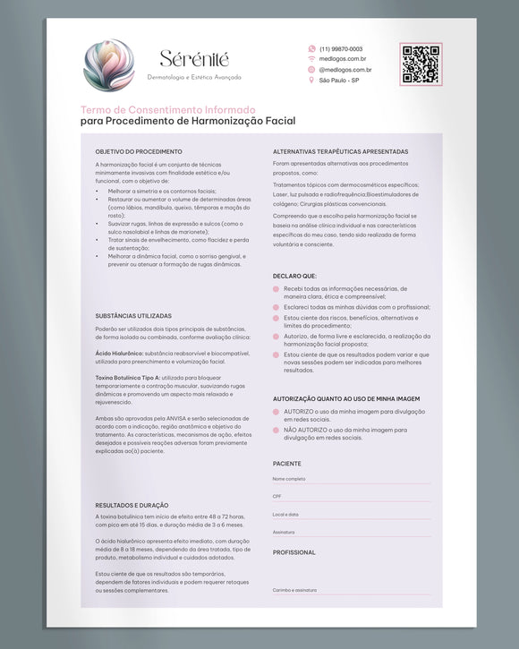 Termo de consentimento para harmonização facial. Impressão em gráfica premium especializada.