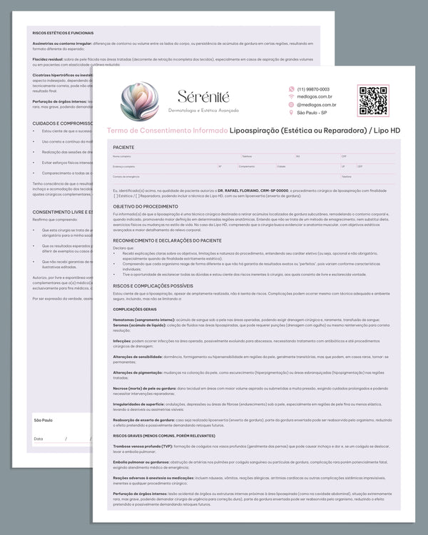 Termo de consentimento que detalha o procedimento, riscos e cuidados, para uso profissional em clínicas para lipoaspiração (Estética ou reparadora) / Lipo HD