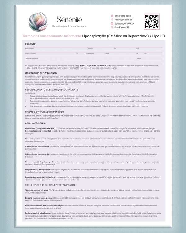 Termo de consentimento que detalha o procedimento, riscos e cuidados, para uso profissional em clínicas para lipoaspiração (Estética ou reparadora) / Lipo HD