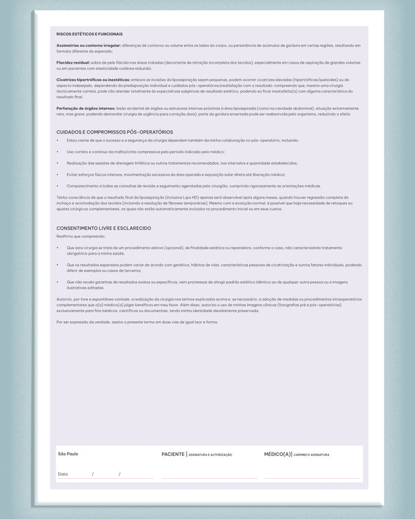 Termo de consentimento que detalha o procedimento, riscos e cuidados, para uso profissional em clínicas para lipoaspiração (Estética ou reparadora) / Lipo HD