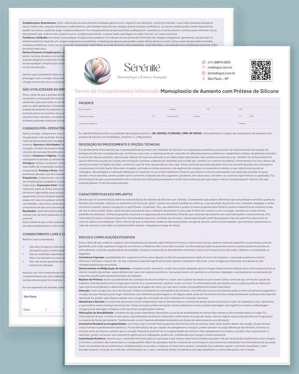 Termo de consentimento para mamoplastia de aumento com próteses de silicone – cirurgia plástica estética ou reparadora