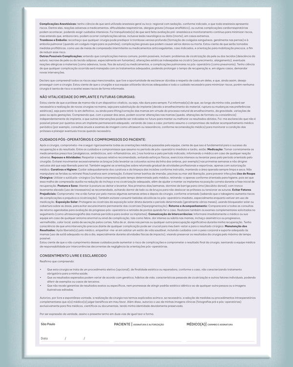Termo de consentimento para mamoplastia de aumento com próteses de silicone – cirurgia plástica estética ou reparadora