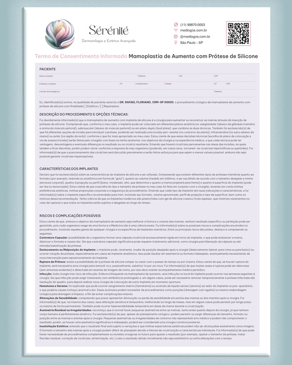 Termo de consentimento para mamoplastia de aumento com próteses de silicone – cirurgia plástica estética ou reparadora