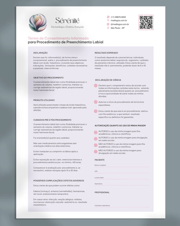 Termo de consentimento para preenchimento labial. Impressão, design gráfico e qualidade premium.