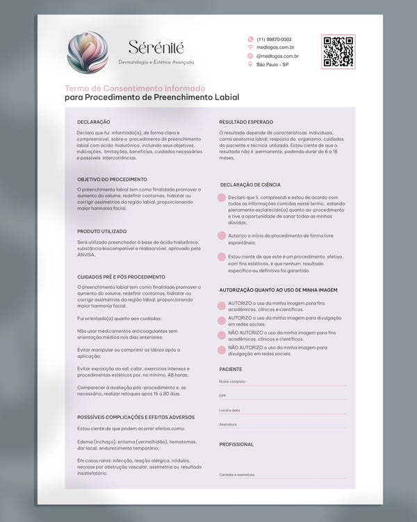 Termo de consentimento para preenchimento labial. Impressão, design gráfico e qualidade premium.