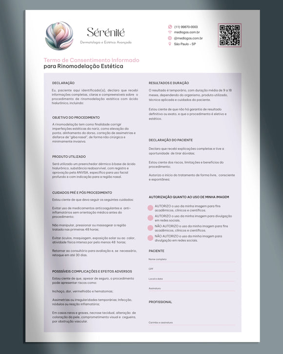 Termo de consentimento para rinomodelação completo e personalizado com impressão premium.