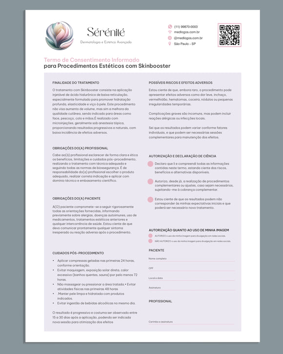 Termo de consentimento para skinbooster. Impressão premium para estética avançada.
