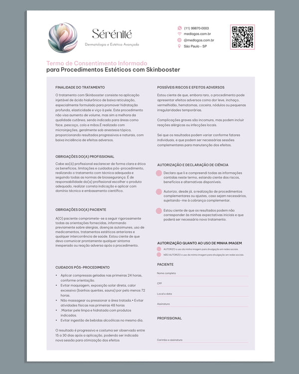 Termo de consentimento para skinbooster. Impressão premium para estética avançada.