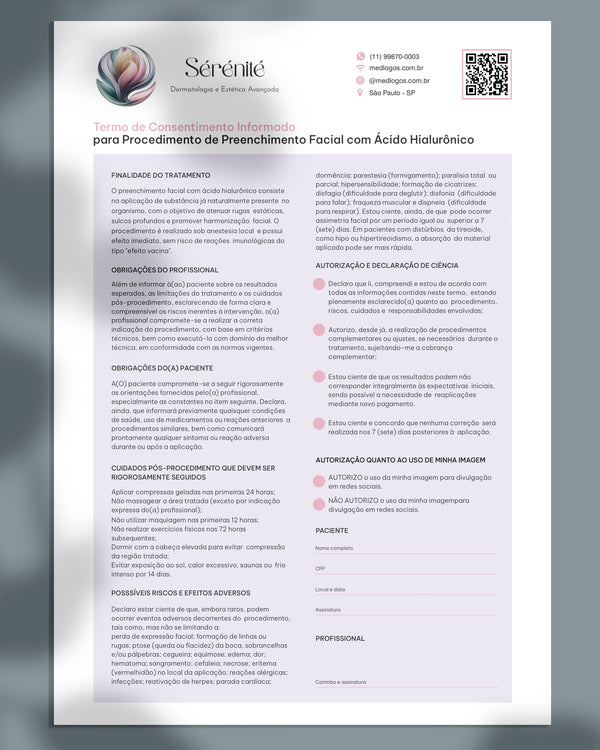 Termo de consentimento para procedimento facial com ácido hialurônico