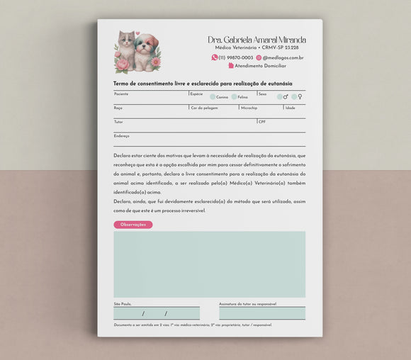 Termo de eutanásia veterinária com layout ético e técnico, blocado com 100 folhas A5 e conforme CFMV.