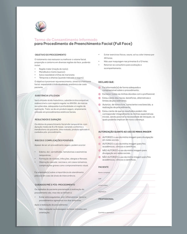 Formulário de planejamento de harmonização facial com termo de consentimento anexo versão masculiina. Impressão gráfica