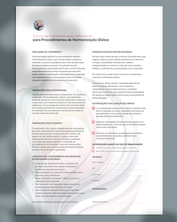 Ficha de harmonização glútea com injetáveis para estética avançada. Impressão premium.