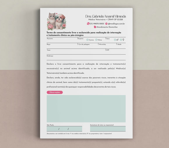 Termo de internação veterinária em papel offset 90g, formato A5, com 100 folhas e layout técnico-profissional.