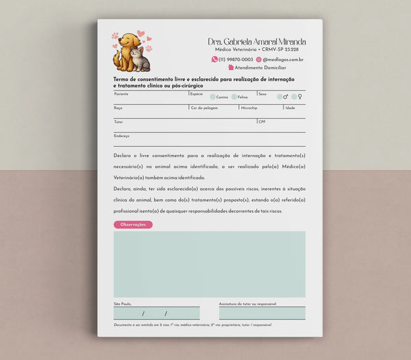 Termo consentido para internação veterinária