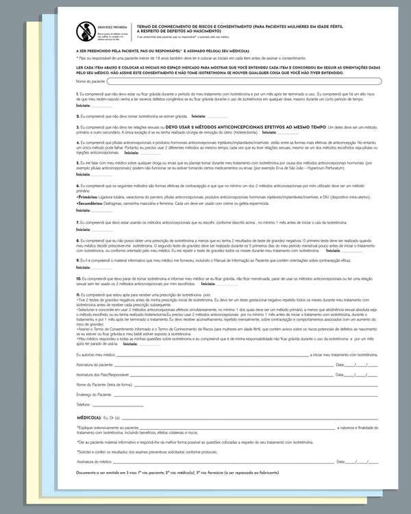 Anexo I para isotretinoína em mulheres, com 3 vias e papel autocopiativo conforme exigência da Anvisa