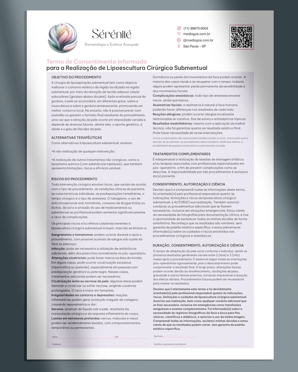 Termo de consentimento para lipo de papada e  lipoescultura cirúrgica submentual. Impressão premium.