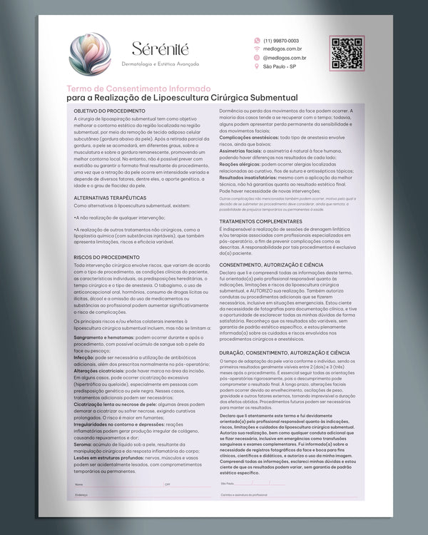 Termo de consentimento para lipo de papada e  lipoescultura cirúrgica submentual. Impressão premium.