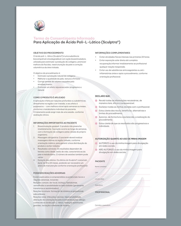 Ficha clínica para aplicação de Sculptra com campos de planejamento estético e acompanhamento de resultados