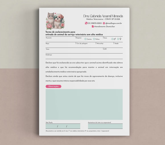 Termo de recusa de tratamento veterinário, formato A5 com 100 folhas em offset 90g, estrutura clara e tom profissional.