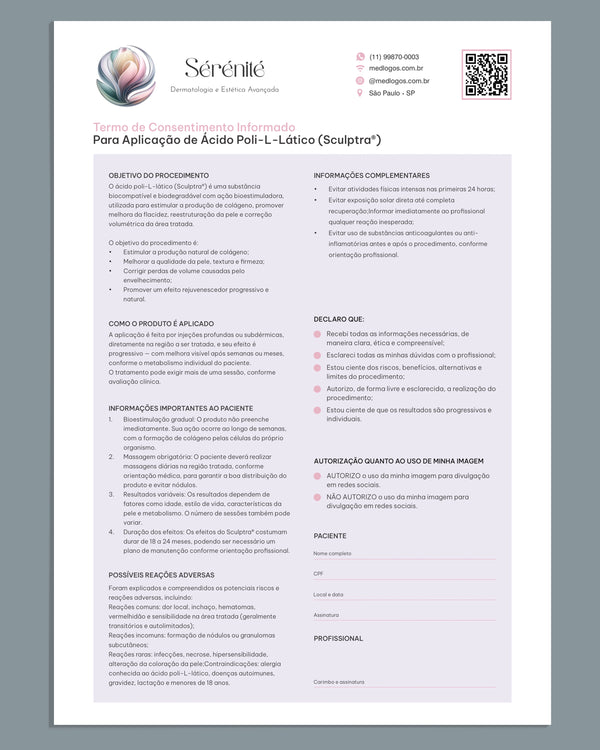 Termo de consentimento para procedimento com Sculptra explicando riscos, efeitos e cuidados pós-aplicação