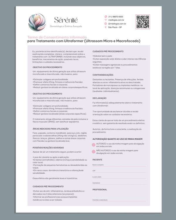 Termo de consentimento para Ultraformer Ultrassom Micro e Macrofocado para estética avançada