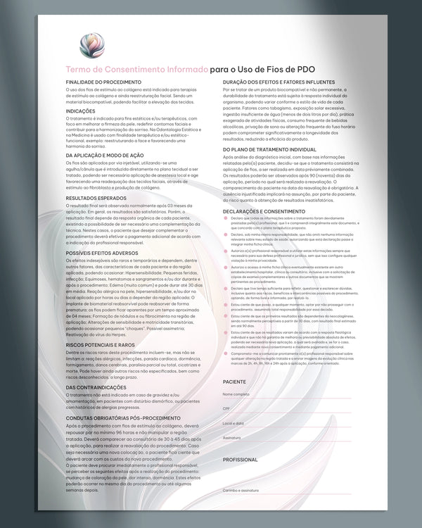 Ficha clínica de aplicação de fios de PDO com termo de autorização e consentimento do paciente.