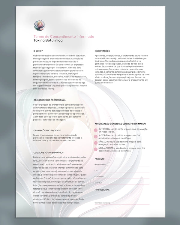 Formulário dermatológico para aplicação de toxína botulínica com pontos de aplicação e termo de consentimento.