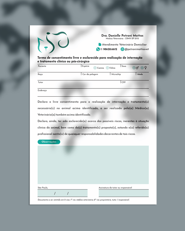 Termo de autorização para internação veterinária