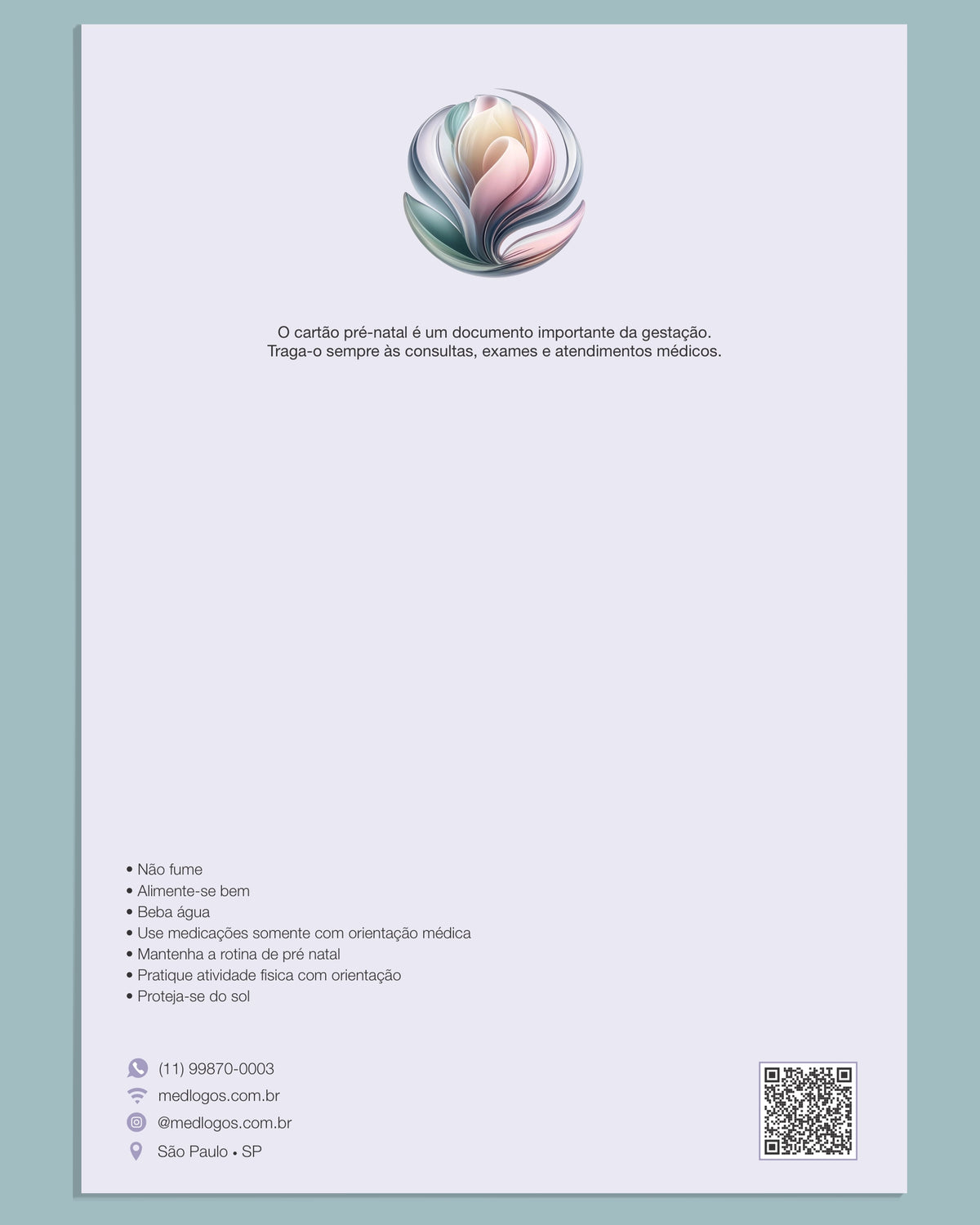 Capa ilustrada de cartão pré-natal com elementos gestacionais, papel premium fosco que não borra, pela Med Logos.