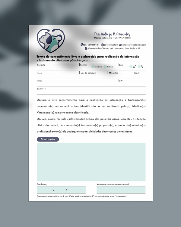 Termo de autorização para internação veterinária