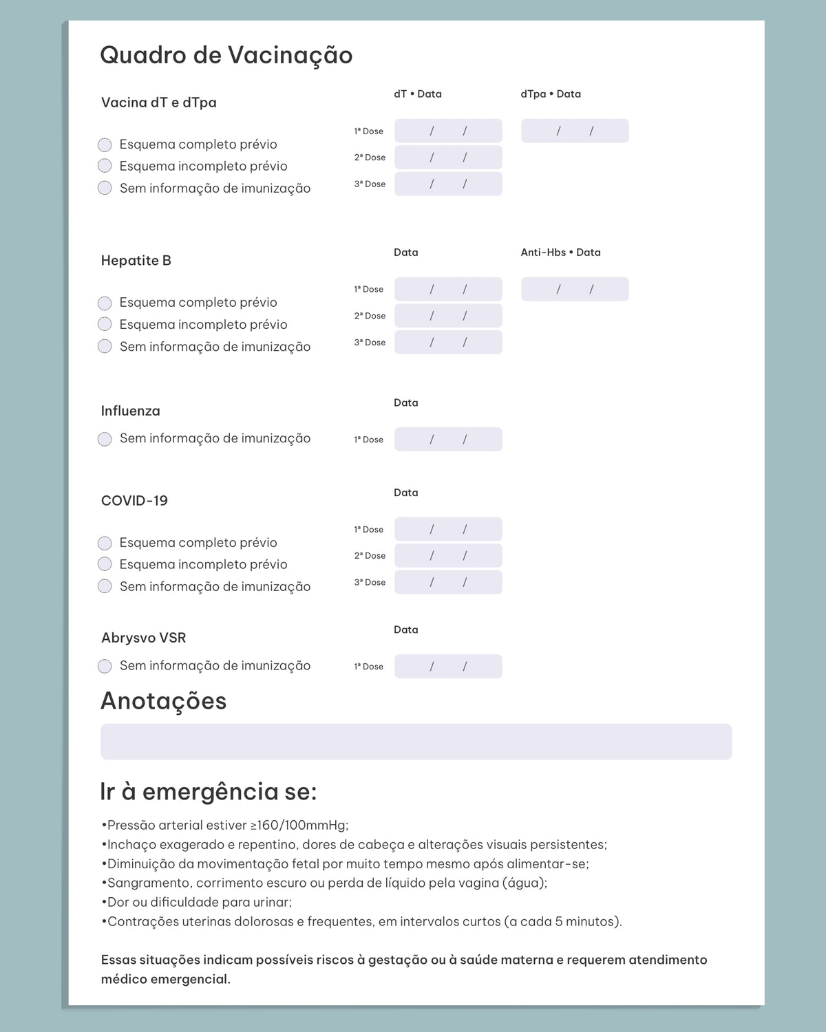 Modelo de cartão pré-natal com tabela de consultas e sorologias, design diferenciado para ginecologistas.